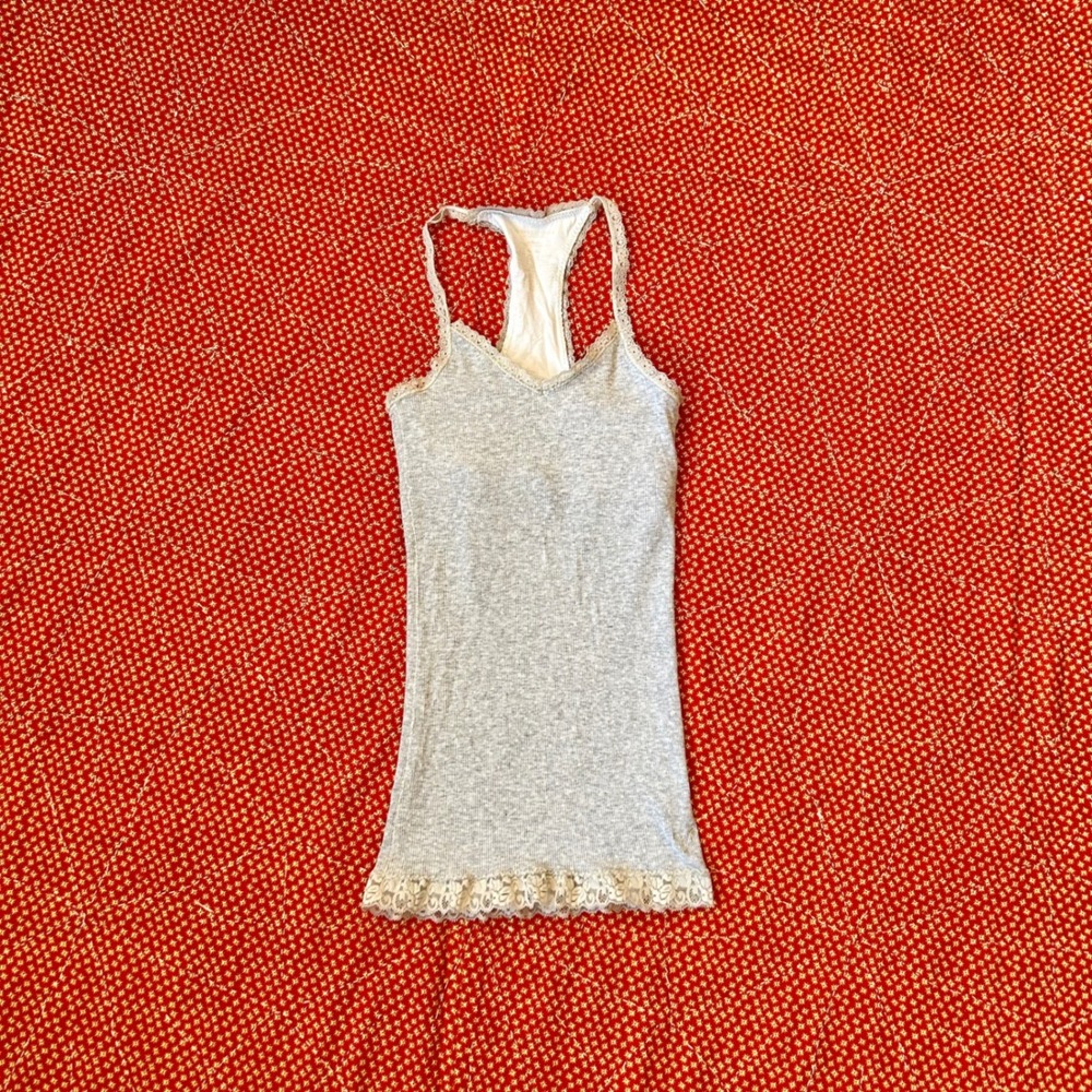 American Eagle Grey Ribbed Lace Trim Racerback Tank Top Vintage Y2K Coquette
